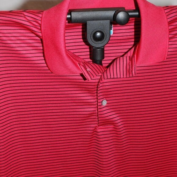 XL Golf PGA Tour Mens Shirt Polo Salmon Pink with Black Stripes Dri-wicking EUC - Picture 4 of 6